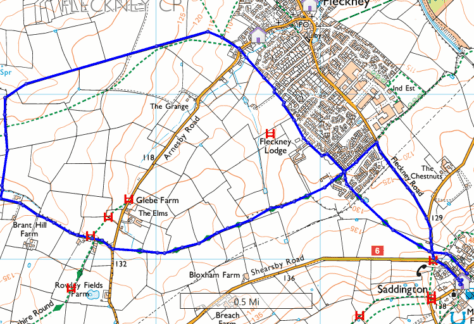 A 4.9 miles route from Saddington to Fleckney and back.