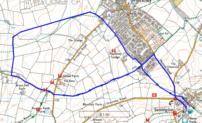 A 4.9 miles route from Saddington to Fleckney and back.