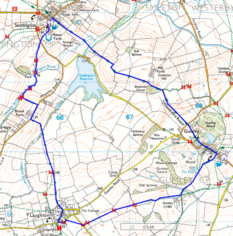 Walking route from Saddington to Laughton and Gumley