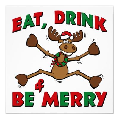 Image of a cartoon reindeer saying eat, drink & be merry